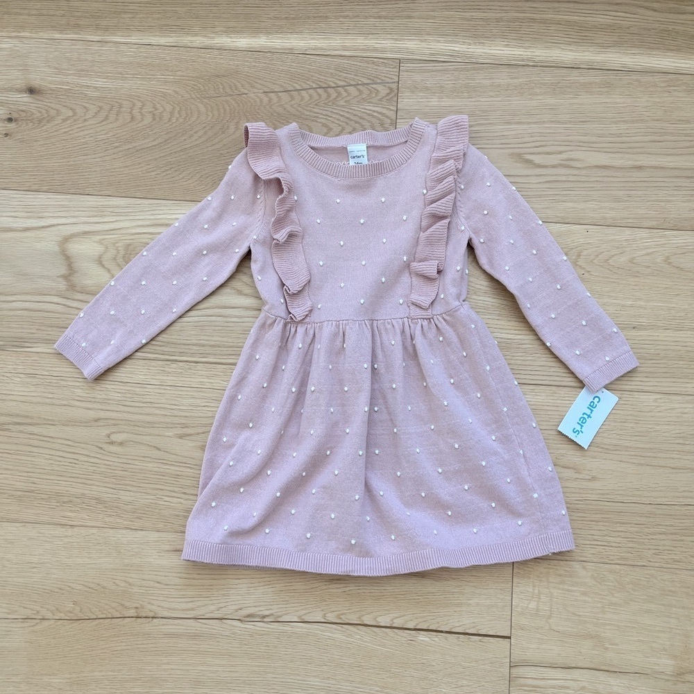 Carter's Pink and White Ruffled Long Sleeve Sweater Dress 24 months NWT